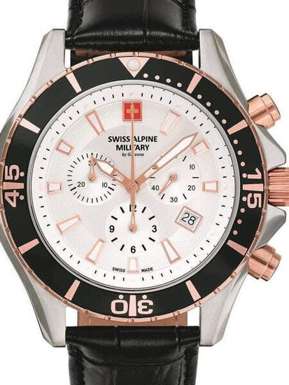 С ремешком Мужские наручные часы с черным кожаным ремешком Swiss Alpine Military 7040.9552 chronograph 44mm 10ATM
