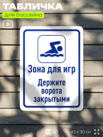Табличка для бассейна "Зона для игр", на пляж, для общественной и частной зоны отдыха, информационная, 40х30 см, Silver Plane x Айдентика Технолоджи