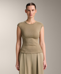 Oysho Футболка с короткими рукавами в рубчик из хлопка и модала, бежево-зеленый