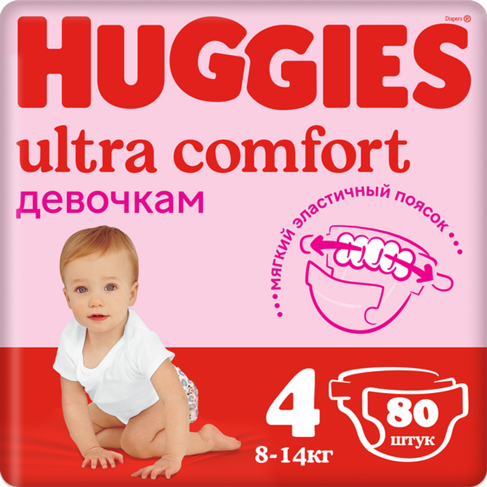 Подгузники Huggies Ultra Comfort для девочек 8-14кг, 4 размер, 80шт
