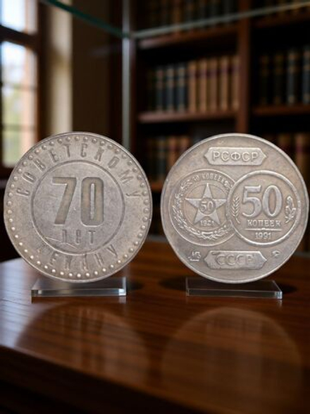 50 копеек 1991 года СССР 70 лет советскому чекану 1921 Копия пробной монеты посеребрение