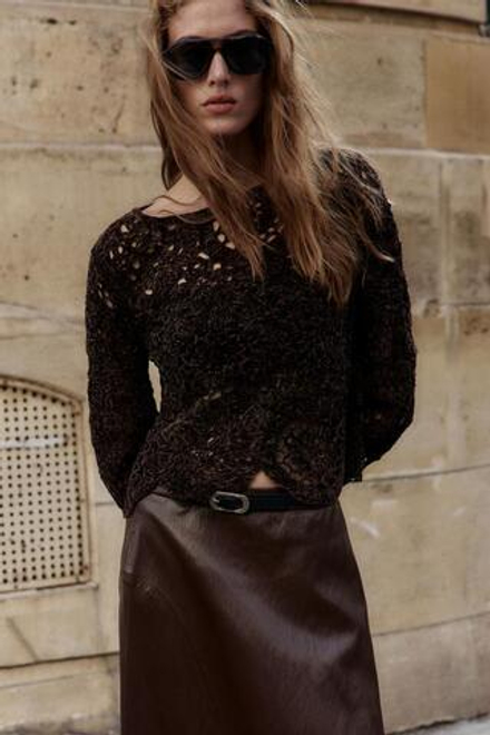 ZARA ТОП КРОШЕ С ДЛИННЫМИ РУКАВАМИ, ТЕМНО-КОРИЧНЕВЫЙ
