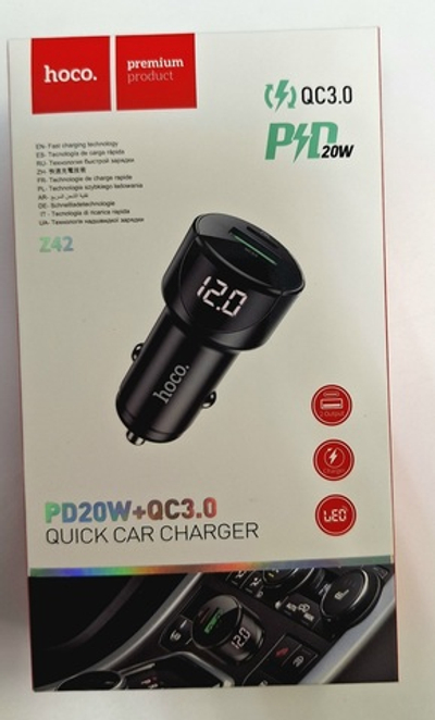 371_ Автомобильное зарядное устройство АЗУ USB + Type-C HOCO Z42 Light road PD20W+QC3.0 (черный) ш/к 6931474742544