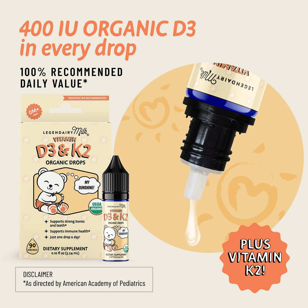 Legendairy Milk, органические витамины D3 и K2, в каплях, для детей старше месяца, 3,24 мл (0,1 жидк. унции)