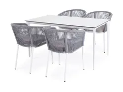"Малага" обеденная группа на 4 персоны со стульями "Марсель", каркас белый, роуп светло-серый