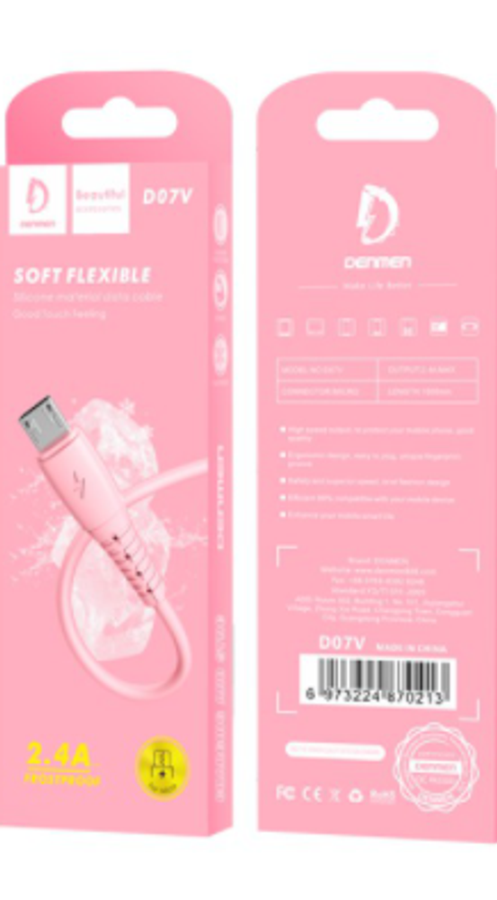 Кабель DENMEN D07V USB-microUSB 2.4A 1м Silicone Pink