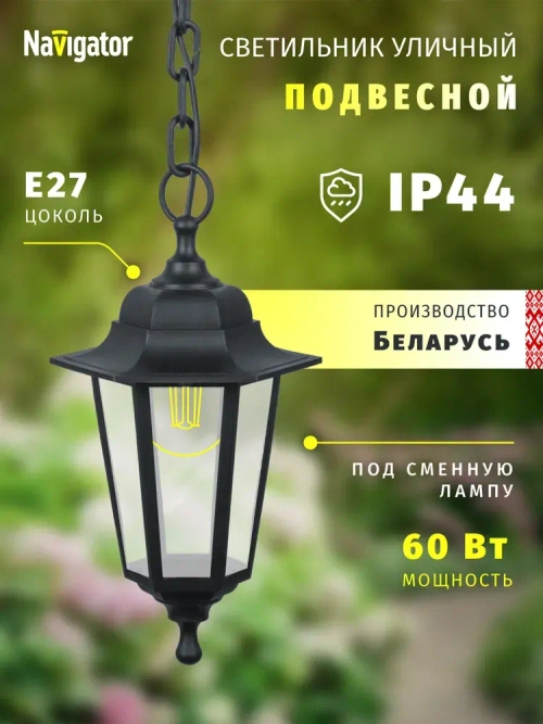 Светильник уличный Navigator 80 483, 6 граней, цоколь E27, IP44, подвесной, черный