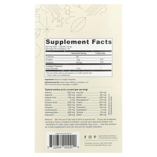 Great Lakes Wellness, Пептиды бычьего коллагена от травяного откорма, без добавок, 20 пакетиков по 12 г (0,42 унции)