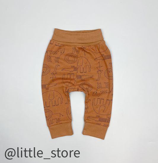 Штанишки хлопковые "Я родился" звери на коричневом