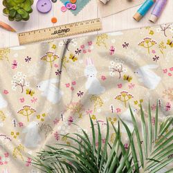 Ткань интерлок белые зайки в поле