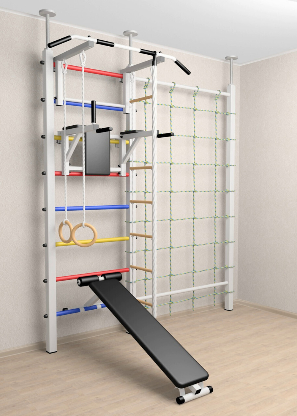 Шведская стенка Sv Sport враспор (Турник стандарт/Брусья/Скамья/Канат/Kольца/Лестница/Канатный лаз/Сетка)