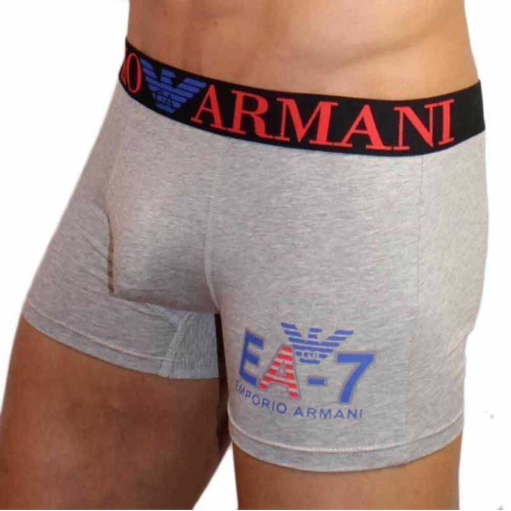 Мужские трусы боксеры серые Emporio Armani с красно-синей резинкой