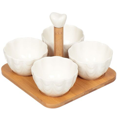 Салатник керам, кругл, 4 шт, 15х19х19 см, бамбуковая подставка, подар уп