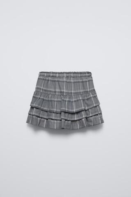 ZARA ЮБКА С ВОЛАНАМИ В КЛЕТКУ, СВЕТЛО-СЕРЫЙ