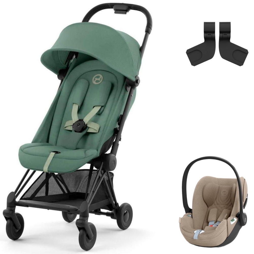 Коляска Cybex Coya Matt Black Frame Cloud T i-Size Cozy Beige Plus Leaf Green с дождевиком