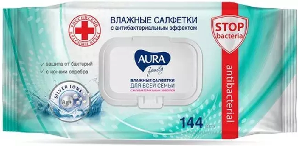 Салфетки влажные Aura Family, с антибактериальным эффектом, 144 шт
