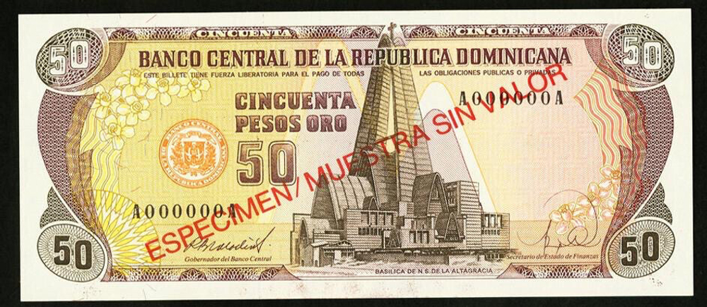ДОМИНИКАНСКАЯ РЕСПУБЛИКА, 1988, 50 PESOS ORO [ESPECIMEN / MUESTRA SIN VALOR]