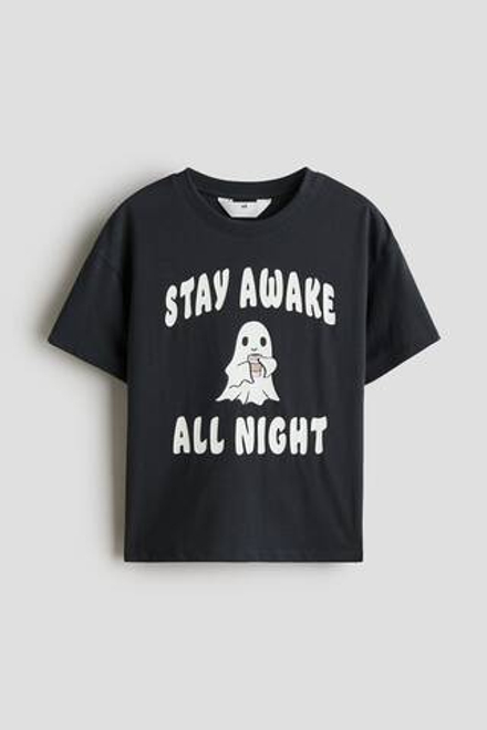 H&M Хлопковая футболка оверсайз с принтом, темно-серый