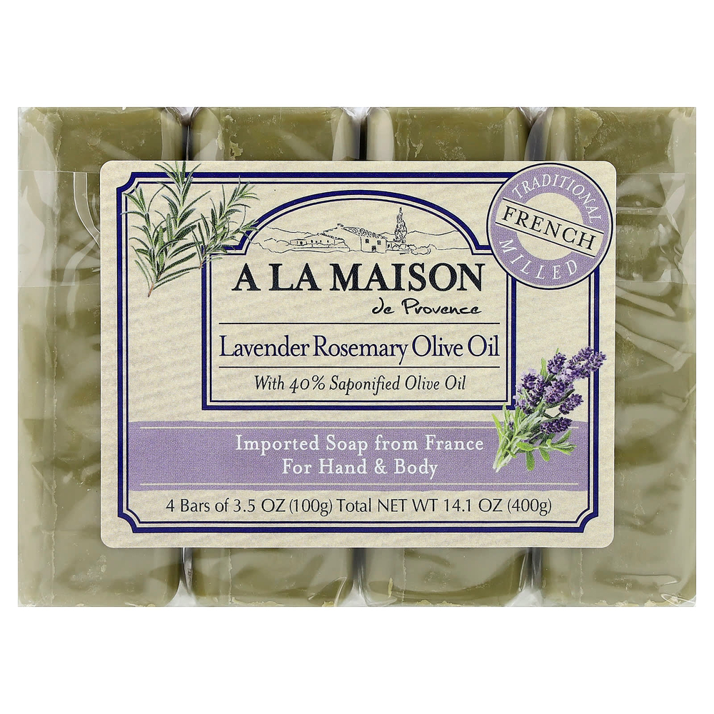 A La Maison de Provence, кусковое мыло для рук и тела, лаванда и розмарин, оливковое масло, 4 шт. по 100 г (3,5 унции)