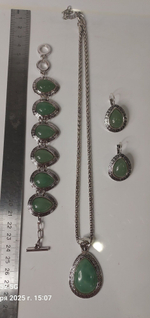 Комплект бижутерии Нефрит подвеска цепочка серьги, браслет. Капля (натуральный камень, бижутерный сплав)