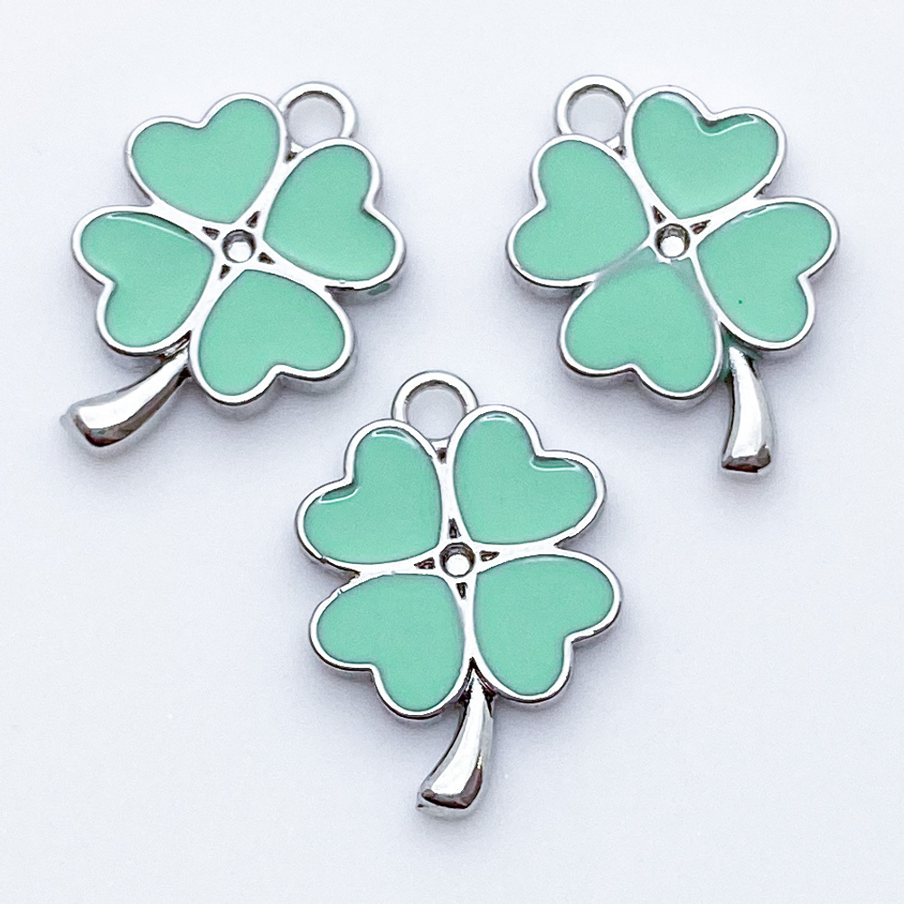 Подвеска Клевер, цвет серебро+мятный, размер 17*11 мм, цена за 1 шт