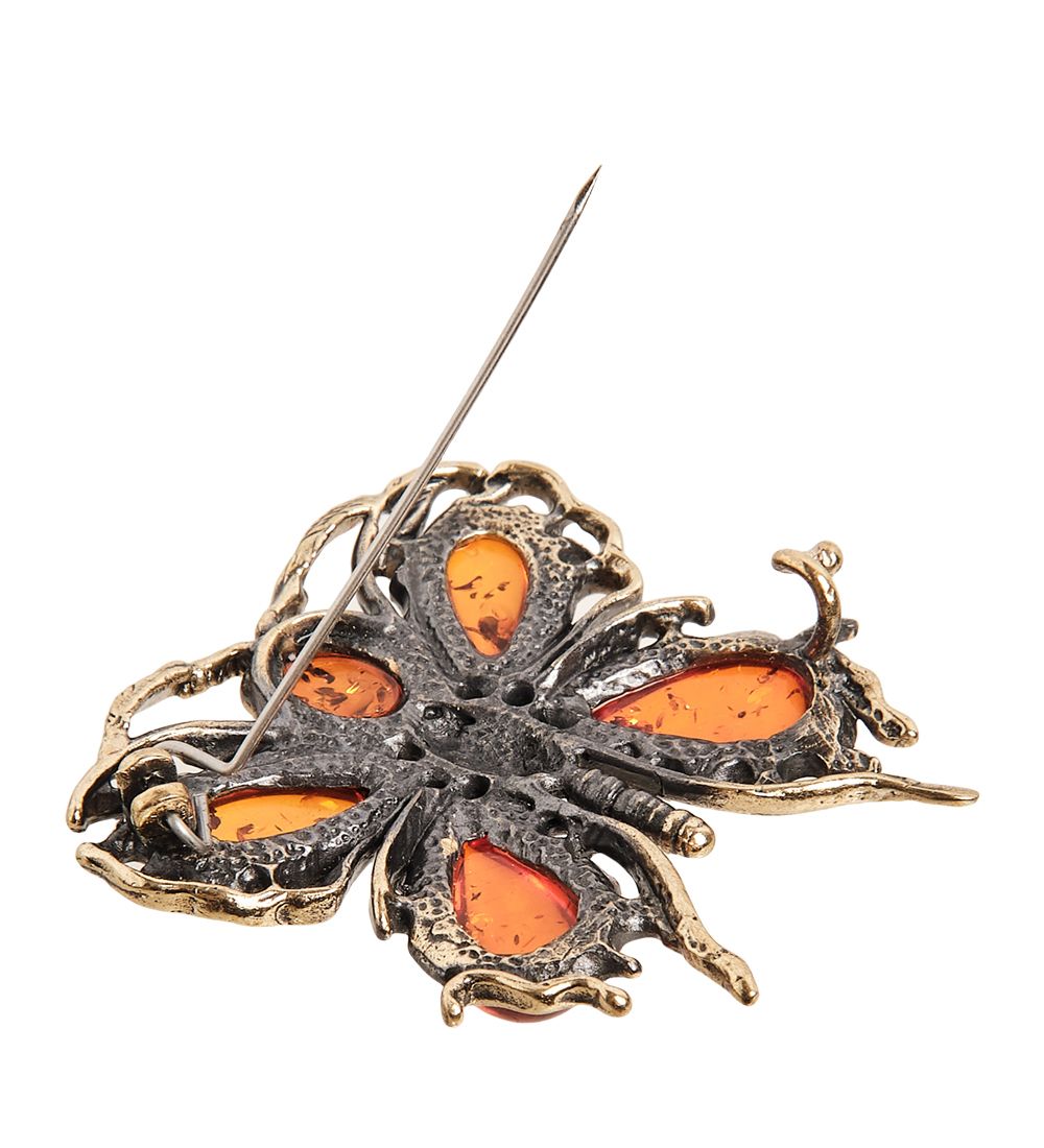 AM- 868 Брошь «Бабочка Бархатница» (латунь, янтарь)