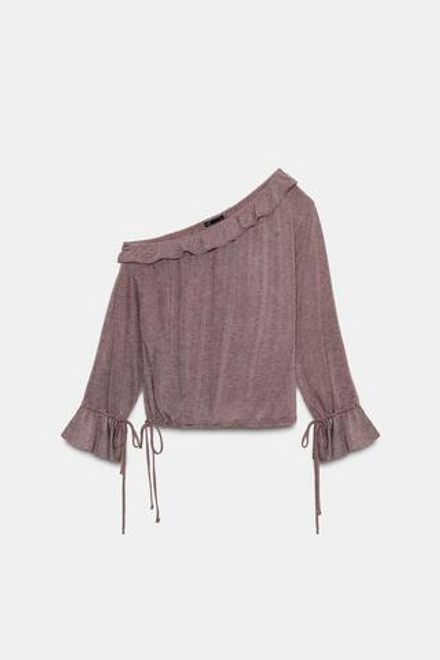 ZARA ФУТБОЛКА С ВОЛАНАМИ ИЗ МЯГКОЙ ТКАНИ, КОРИЧНЕВЫЙ МЕЛАНЖ