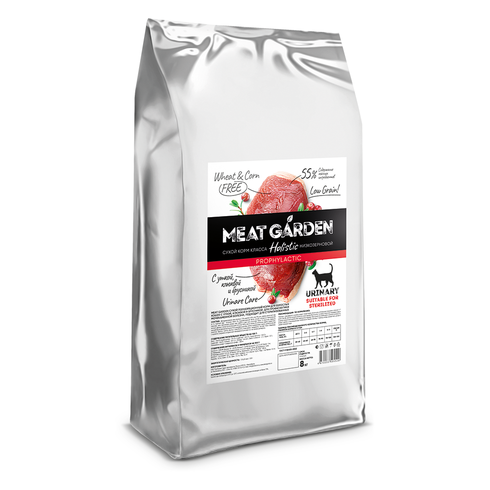 Meat Garden корм сухой для взрослых кошек всех пород брусника, клюква, утка профилактика МКБ