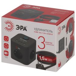 Удлинитель электрический ЭРА CUBE-3es-1,5m-4USB-B куб с заземлением с выключателем 3 розетки+4xUSBA+C 1,5м 16А черный | Бытовые удлинители