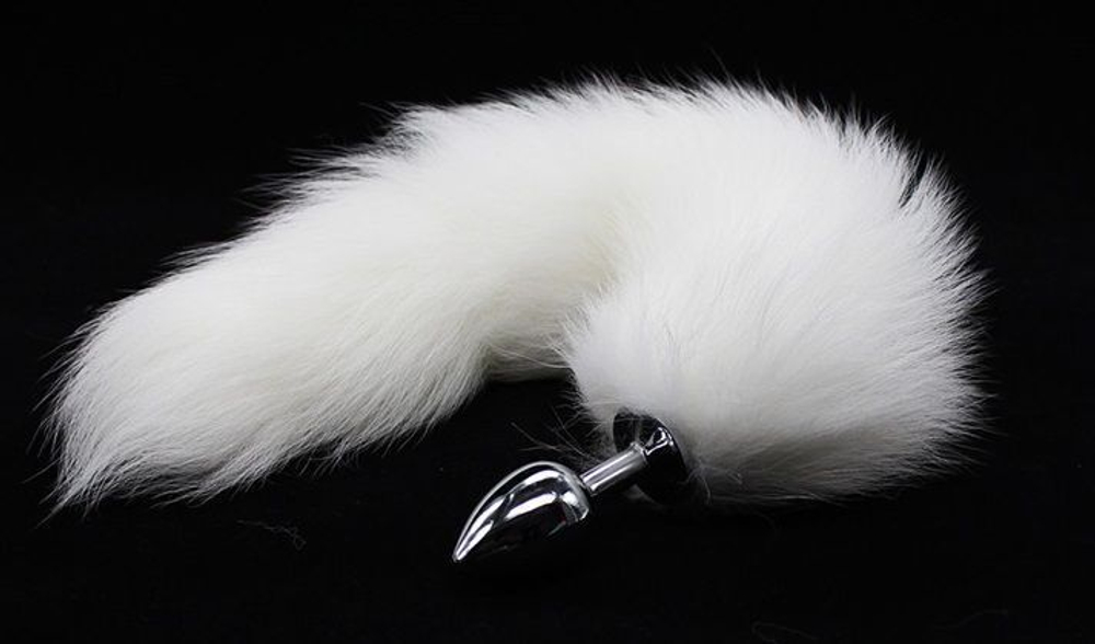 Металлическая анальная пробка с длинным белым хвостиком (Цвет: белый)