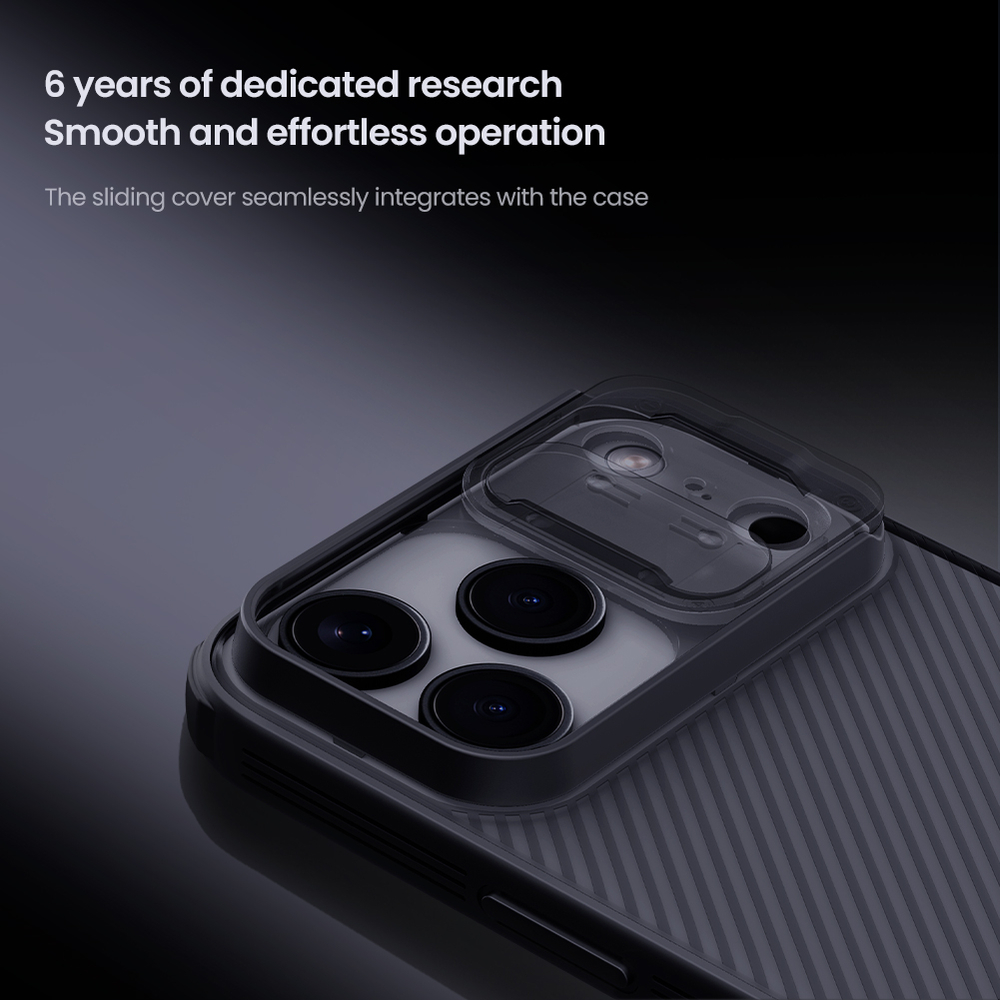 Чехол серого цвета (Transparent black) на iPhone 17 Pro Max, серия CamShield Pro (обновленная двойная защитная шторка для камеры) от Nillkin