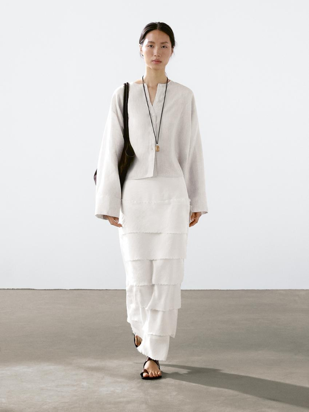 Massimo Dutti Рубашка из 100% струящегося льна с пуговицами, натуральный, кремовый