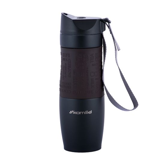 Термокружка 480 мл. из нержавеющей стали Kamille KM-2067 с TPR-вставкой и ремешком