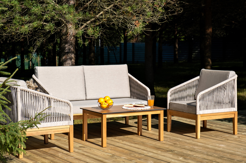 "Канны" лаунж-зона 4-местная из роупа со столиком "Канны" цвета "дуб", основание дуб, роуп бежевый