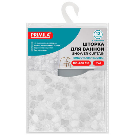 Шторка для ванной EVA, 180х200 см, кольца в комплекте, белая ледяная свежесть, PRIMILA, 700099