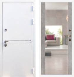 Входная металлическая дверь с зеркалом RеX (РЕКС) 27 Белая шагрень, декор нержавейка (100мм) / СБ-16 Бетон темный 12мм