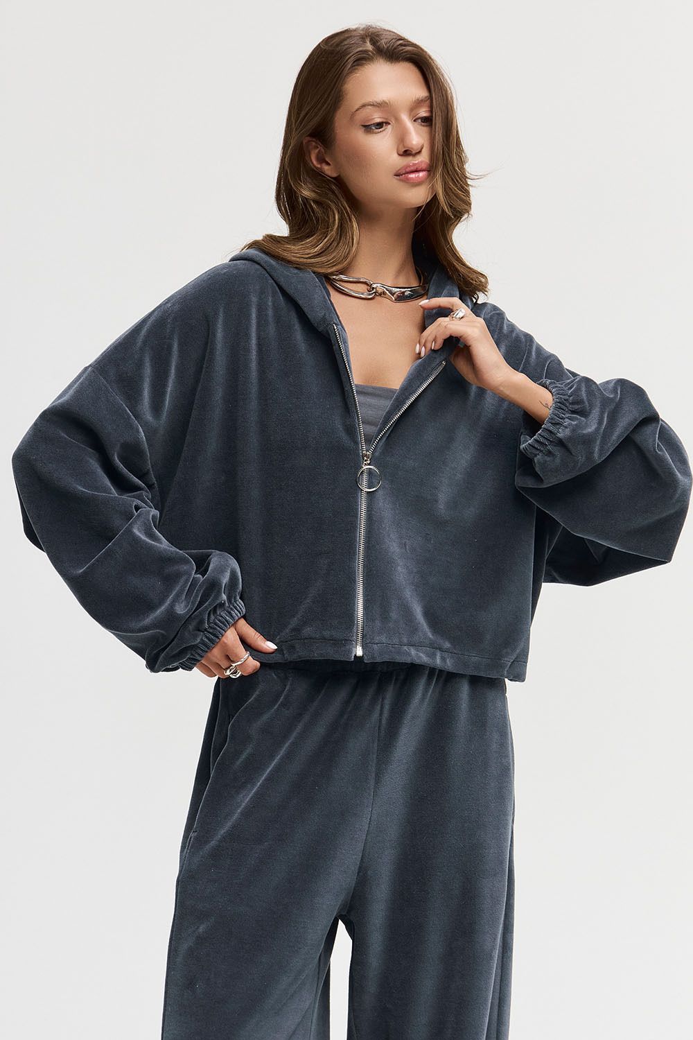 Худи на молнии из велюровой ткани графитового цвета