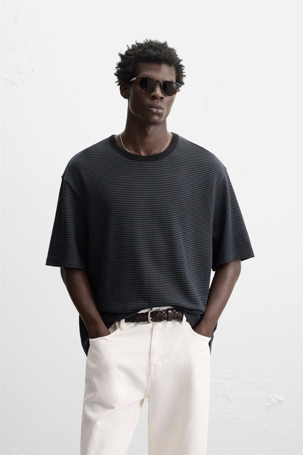 ZARA ЖАККАРДОВАЯ ФУТБОЛКА В ПОЛОСКУ, СИНИЙ/ЧЕРНЫЙ