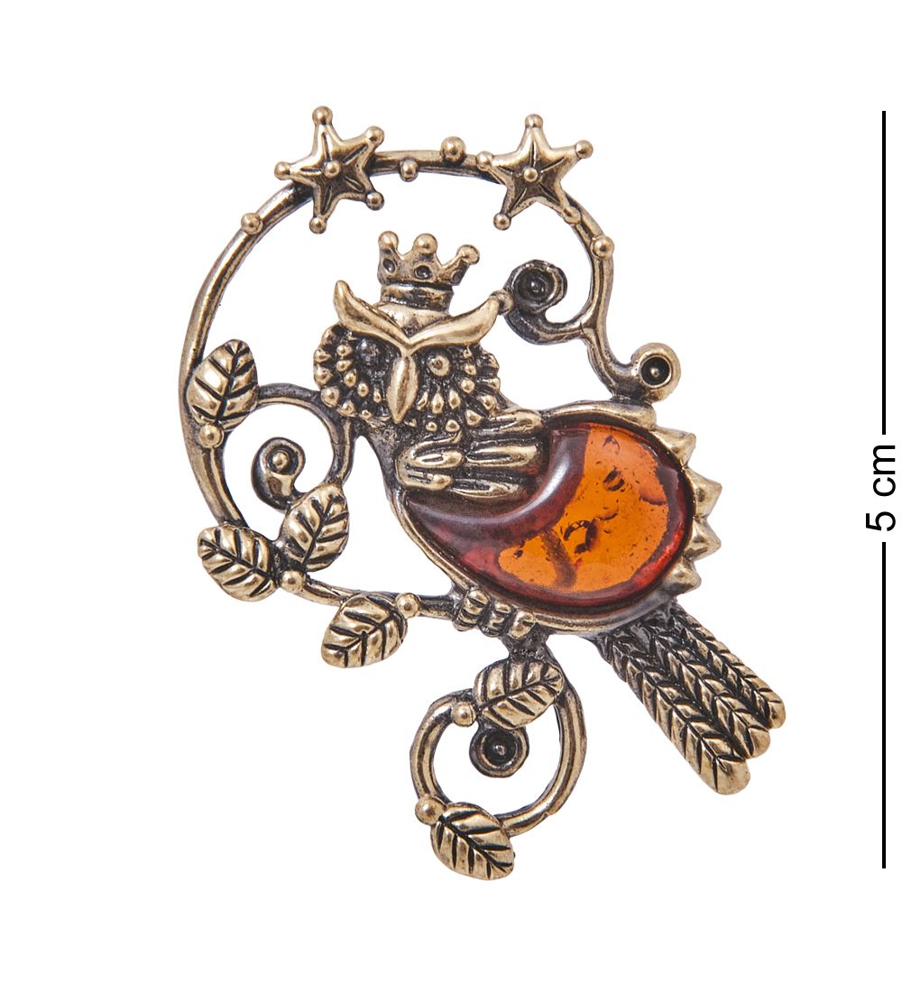 AM-4136 Брошь «Сова Царская» (латунь, янтарь)