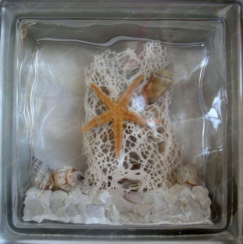 Стеклоблок декоративный Морские звезды и ракушки МТ-020-А  19x19x8 см.