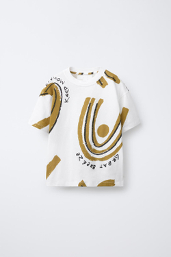 ZARA ФУТБОЛКА С ПРИНТОМ «ПАЛЬМОВЫЙ ЛИСТ», ЭКРЮ