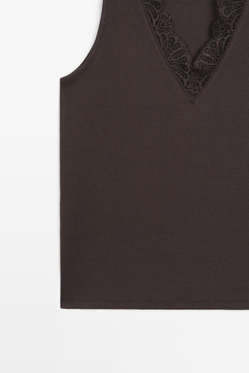Massimo Dutti Топ с V-образным вырезом и кружевом, коричневый