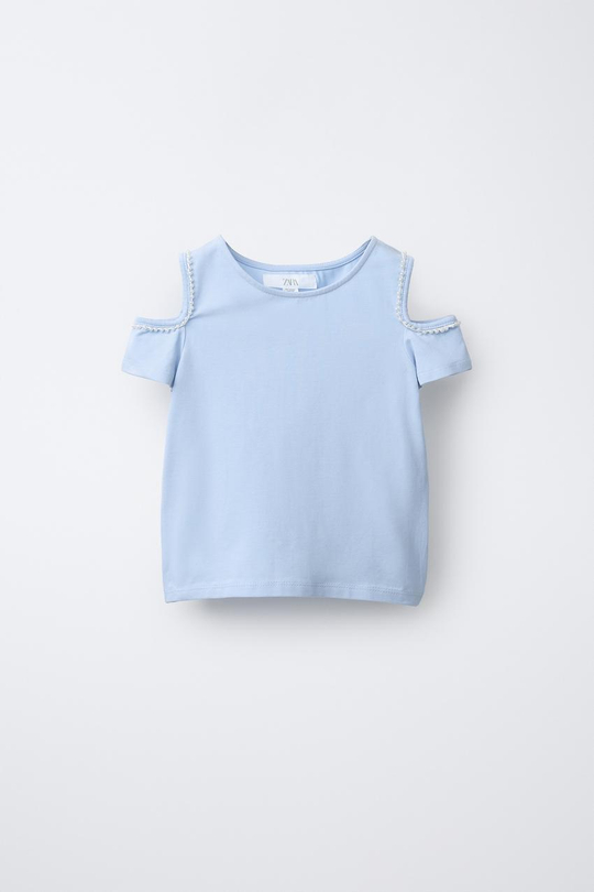 ZARA ФУТБОЛКА С ЖЕМЧУЖИНАМИ, ГОЛУБОЙ