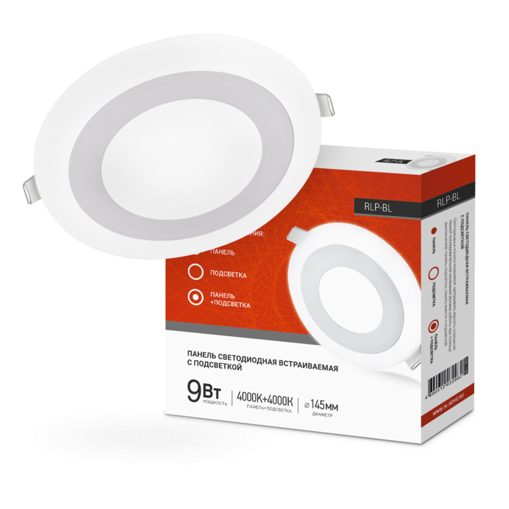Панель светодиодная IN HOME встраиваемая с подстветкой RLP-BL 9Вт 230В 4000К 540Лм 145мм IP20 белая