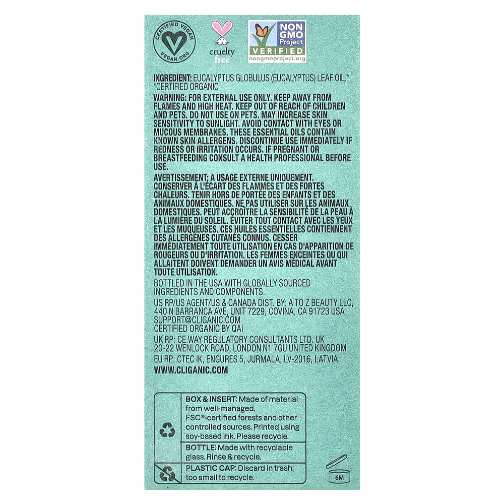 Cliganic, Moment of Clarity ™, эфирное масло, органический эвкалипт, 10 мл (0,34 жидк. Унции)