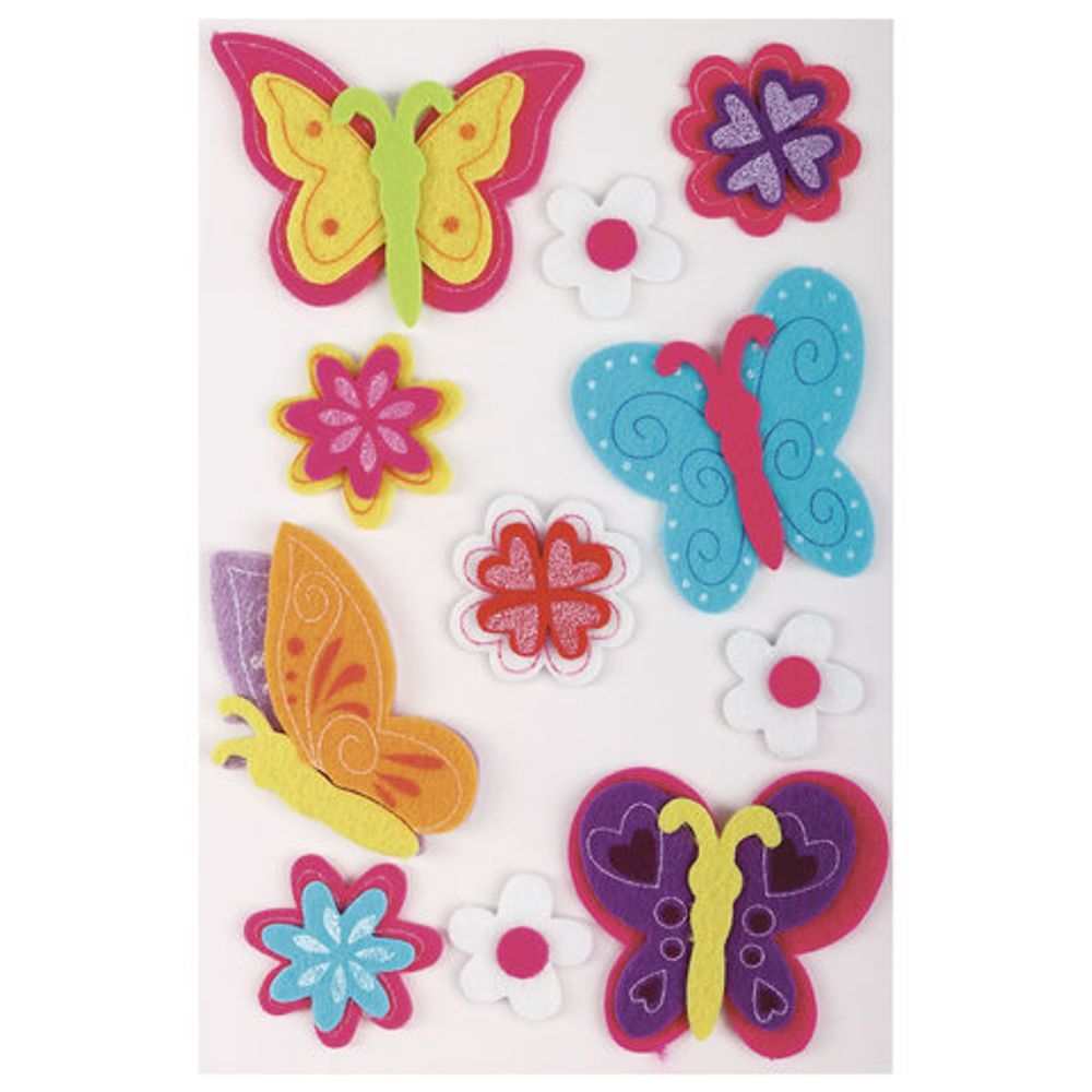 Наклейки из фетра "Бабочки", 11 шт., ассорти, ОСТРОВ СОКРОВИЩ, 661481