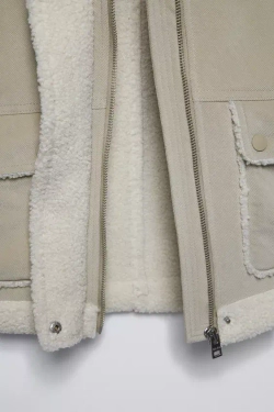 ZARA КУРТКА ИЗ ДВУСТОРОННЕЙ ТКАНИ С ИСКУССТВЕННОЙ ОВЧИНОЙ, БЕЖЕВЫЙ/ЗЕЛЕНЫЙ