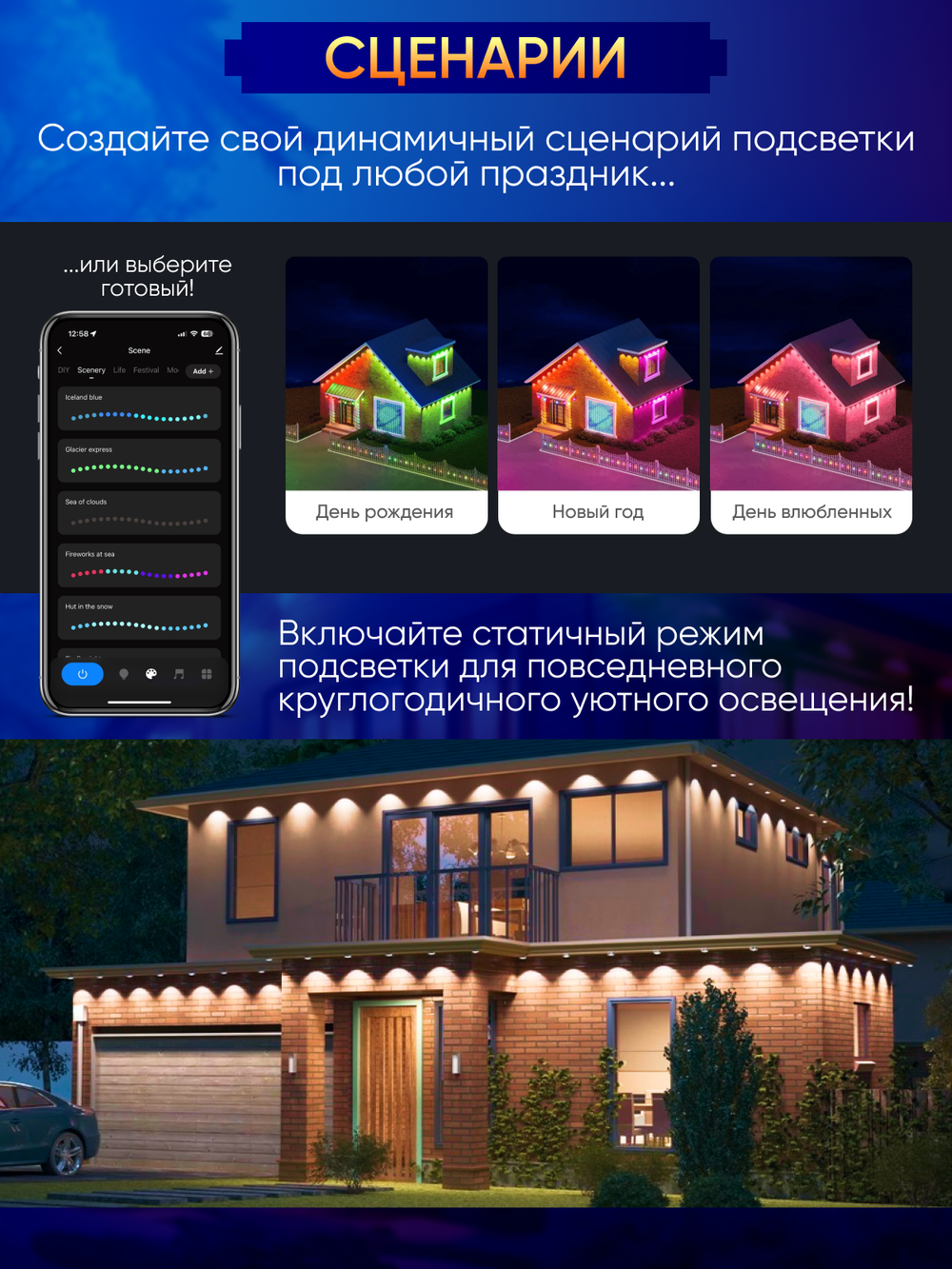 Умная уличная гирлянда Пиксель, сегментное управление диодами, 15м (белый кабель)