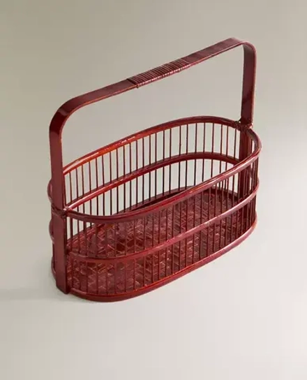 ZARA HOME ЛАКИРОВАННАЯ БАМБУКОВАЯ КОРЗИНА С РУЧКОЙ, КРАСНЫЙ