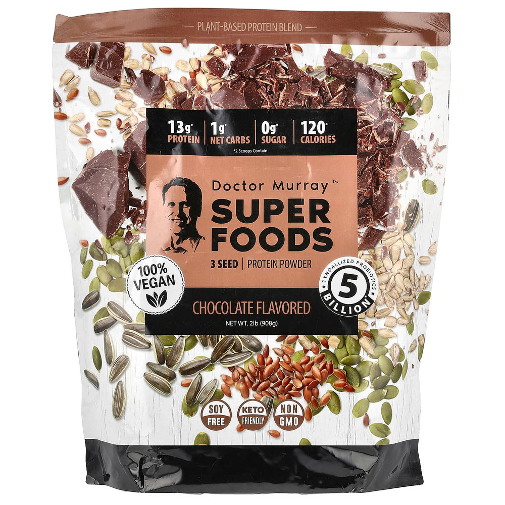 Dr. Murray's, Super Foods, порошок из 3 протеинов, тыква + лен + подсолнечник, шоколад, 908 г (2 фунта)